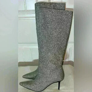 Zara Silver Knee High Heel Boots NWOT
